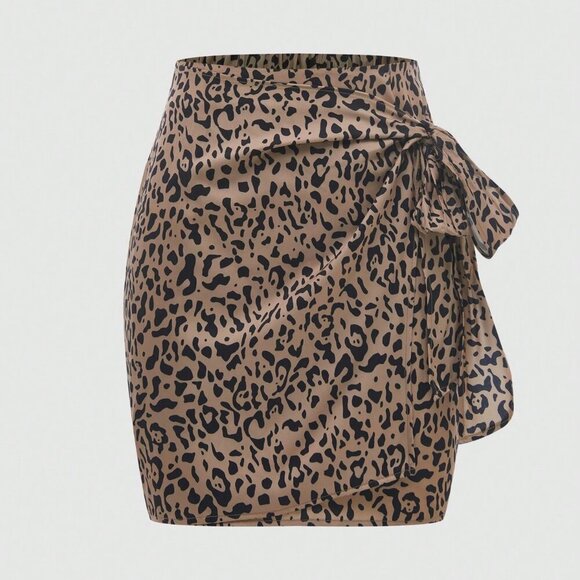 Khaki Casual Women's Leopard Print Twist Knot Mini Skirt - Picture 5 of 8